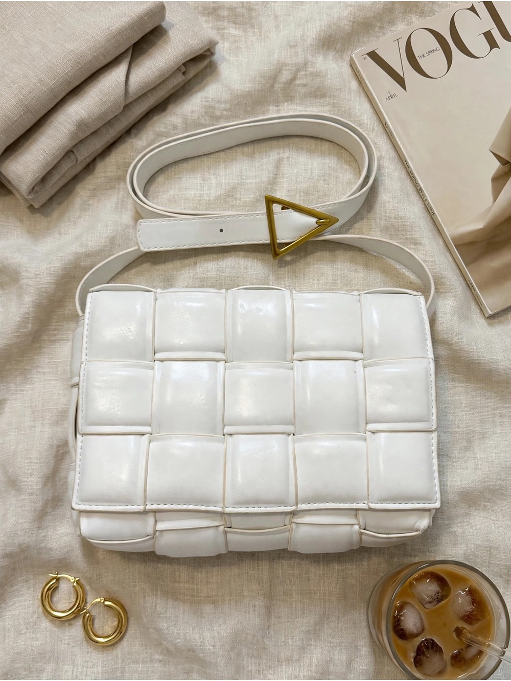 White Woven Leather Crossbody Bag with Gold Triangle Buckle